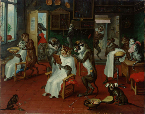 Abraham Teniers - Berber Dükkânı Maymunlar ve Kediler tablo