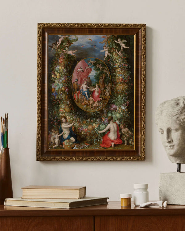 Jan Brueghel the Elder & Hendrik van Balen - Dört Mevsimin Kişileştirmelerinden Hediyeler Alan Tanrıça Cybele’in Etrafında Meyve Çelengi Çerçeve