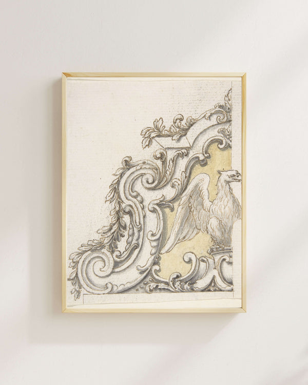Kartal Volütler ve Yapraklarla Heykelsi Süsleme Tasarımı Fine Art Baskı