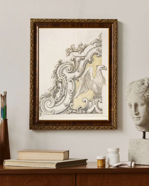 Kartal Volütler ve Yapraklarla Heykelsi Süsleme Tasarımı Fine Art Baskı