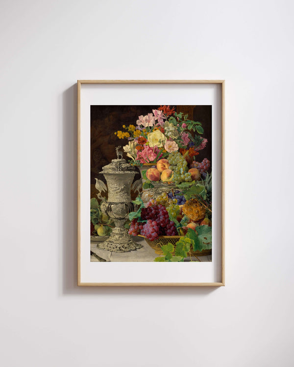 Ferdinand Georg Waldmüller - Meyveler Çiçekler ve Gümüş Kupa ile Natürmort fine art baskı