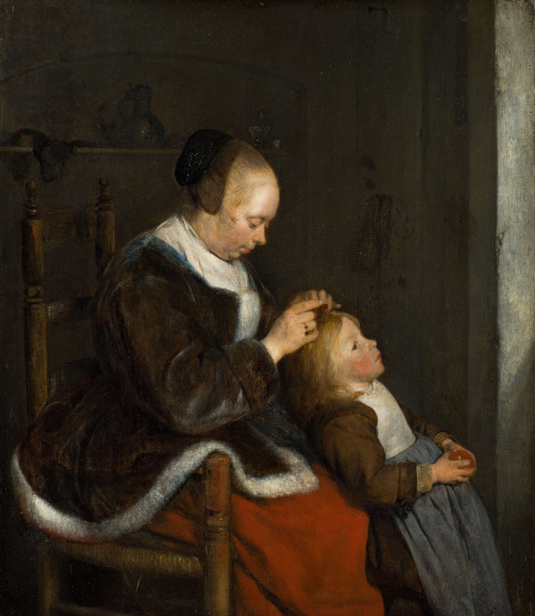 Gerard ter Borch - Anne Çocuğunun Saçını Tarıyor tablo