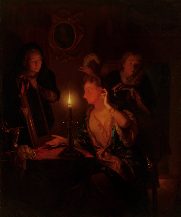 Godefridus Schalcken - Mum Işığında Ayna Karşısındaki Hanımefendi tablo