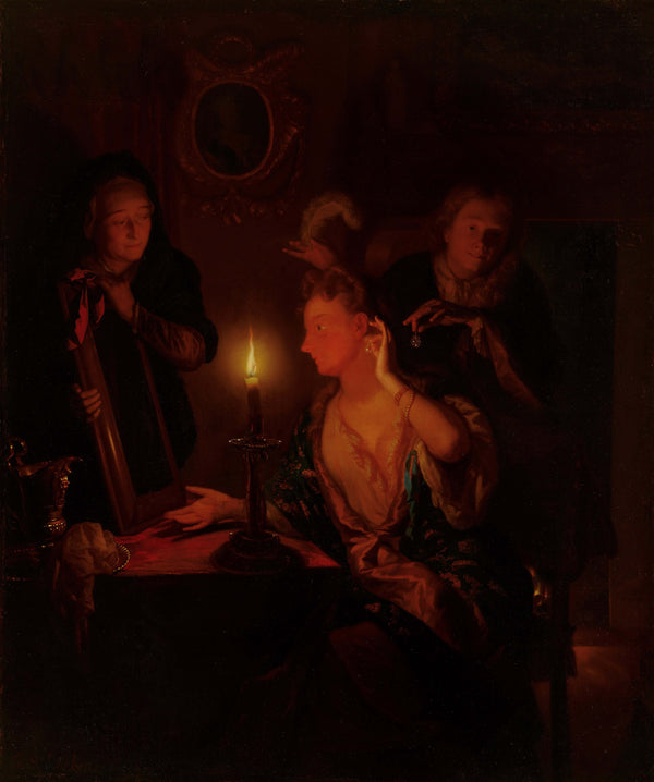 Godefridus Schalcken - Mum Işığında Ayna Karşısındaki Hanımefendi tablo