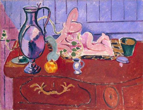 Henri Matisse - Pembe Heykel ve Kırmızı Şifonyer Üzerinde Sürahi Tablo
