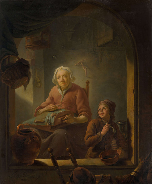 Louis de Moni - Dantel Ören Kadın ve Sabun Köpüğü Üfleyen Çocuk tablo