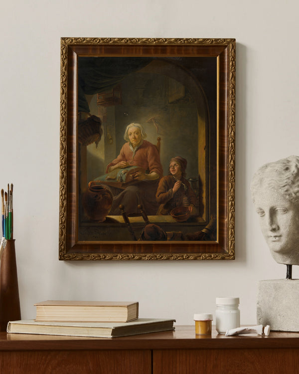 Louis de Moni - Dantel Ören Kadın ve Sabun Köpüğü Üfleyen Çocuk çerçeve