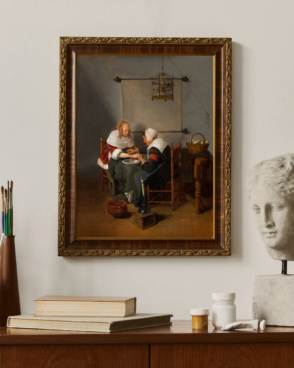 Quiringh van Brekelenkam - Yaşlı Kadının Genç Bir Kadının Kanını Akıttığı Sahne çerçeve