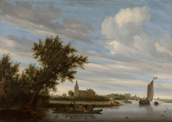 Salomon van Ruysdael - Kilise ve Feribotlu Nehir Manzarası fine art baskı