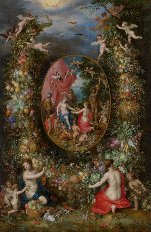 Jan Brueghel the Elder & Hendrik van Balen - Dört Mevsimin Kişileştirmelerinden Hediyeler Alan Tanrıça Cybele’in Etrafında Meyve Çelengi Tablo