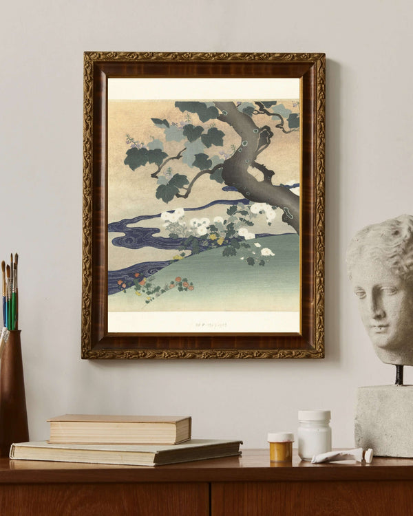 Tsukioka Kōgyo - Ağaç ve Krizantemler çerçeve