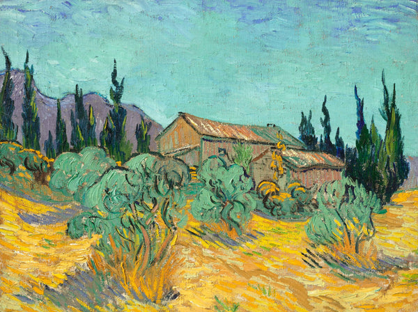 Vincent van Gogh - Zeytin ve Servi Ağaçları Arasında Ahşap Kulübeler fine art baskı