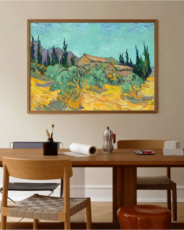 Vincent van Gogh - Zeytin ve Servi Ağaçları Arasında Ahşap Kulübeler fine art baskı