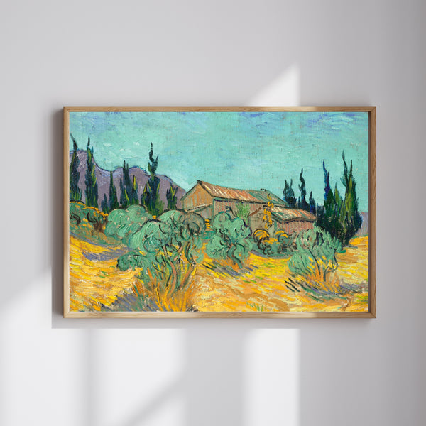 Vincent van Gogh - Zeytin ve Servi Ağaçları Arasında Ahşap Kulübeler fine art baskı