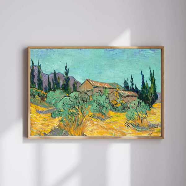 Vincent van Gogh - Zeytin ve Servi Ağaçları Arasında Ahşap Kulübeler fine art baskı