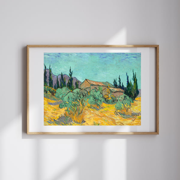 Vincent van Gogh - Zeytin ve Servi Ağaçları Arasında Ahşap Kulübeler fine art baskı