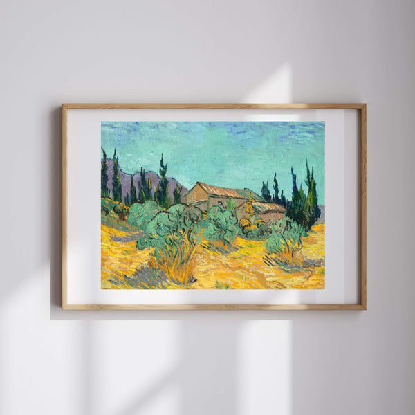 Vincent van Gogh - Zeytin ve Servi Ağaçları Arasında Ahşap Kulübeler fine art baskı