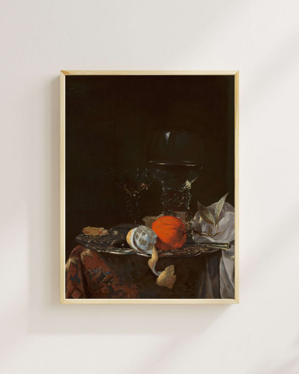 Willem Kalf - Gümüş Tabak Üzerinde Meyve ve Şarap Kadehleri ile Natürmort fine art baskı