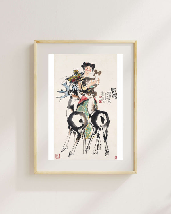 Çiçekler ve Geyiklerle Kız fine art baskı