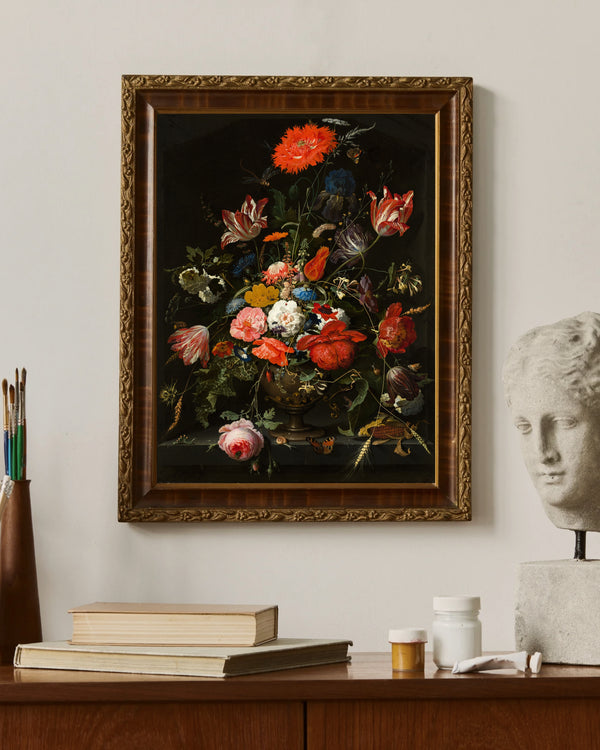 Abraham Mignon - Metal Vazoda Çiçekler çerçeve