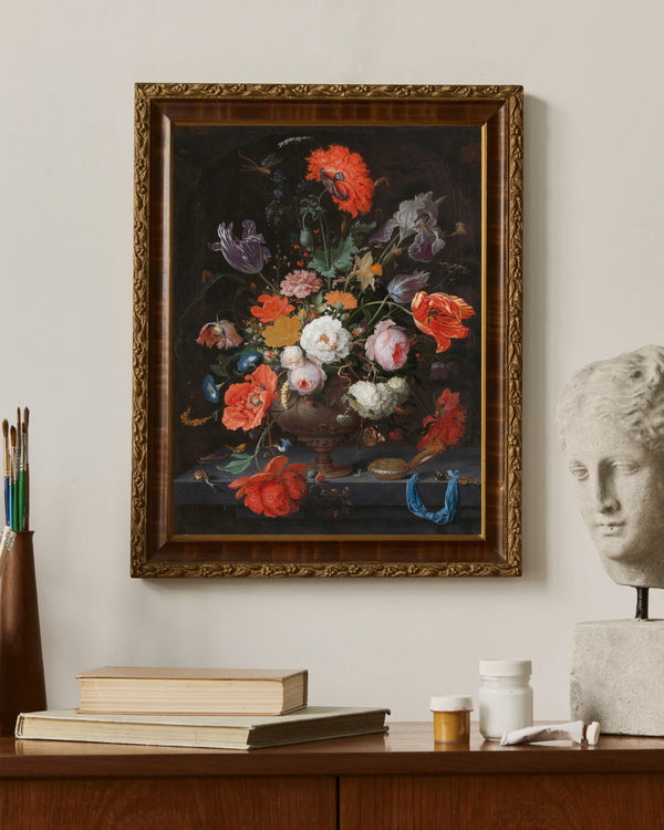 Abraham Mignon - Çiçekler ve Bir Cep Saati ile Natürmort Çerçeve