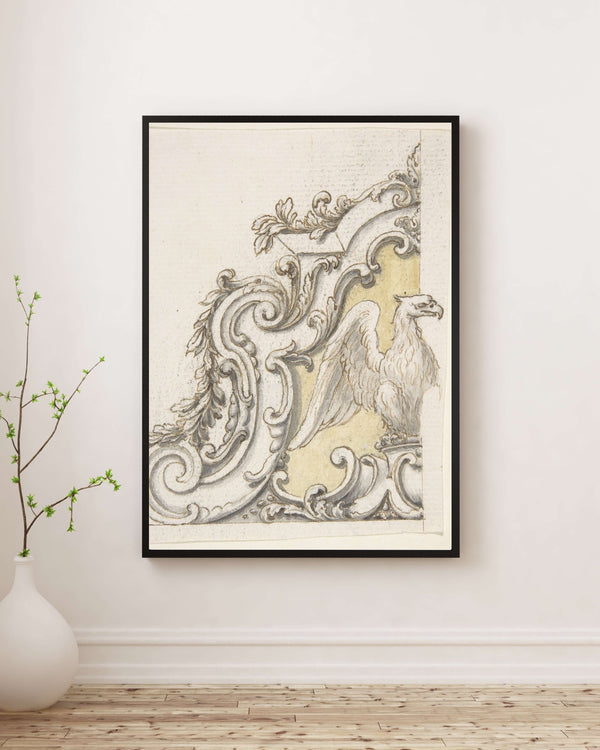 Kartal Volütler ve Yapraklarla Heykelsi Süsleme Tasarımı Fine Art Baskı