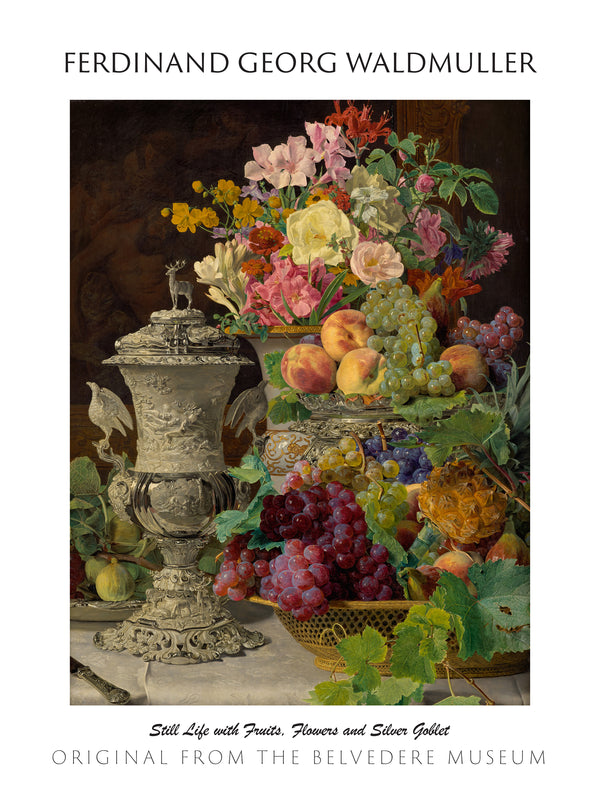 Ferdinand Georg Waldmüller-Meyveler, Çiçekler ve Gümüş Kupa ile Natürmort fineart baskı