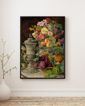 Ferdinand Georg Waldmüller - Meyveler Çiçekler ve Gümüş Kupa ile Natürmort poster