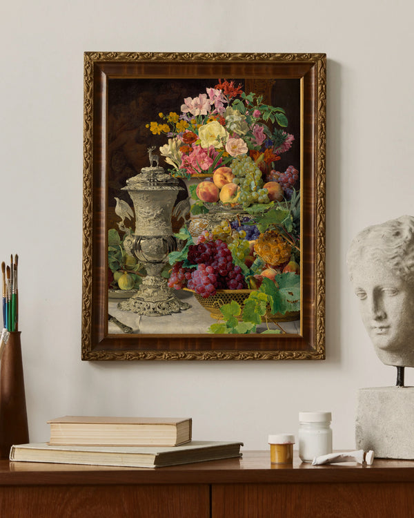 Ferdinand Georg Waldmüller - Meyveler Çiçekler ve Gümüş Kupa ile Natürmort çerçeve