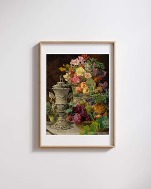 Ferdinand Georg Waldmüller - Meyveler Çiçekler ve Gümüş Kupa ile Natürmort fine art baskı