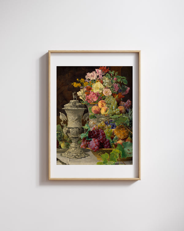 Ferdinand Georg Waldmüller - Meyveler Çiçekler ve Gümüş Kupa ile Natürmort fine art baskı