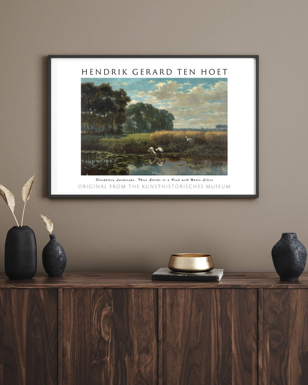 Hendrik Gerard ten Hoet - Taşkın Ovası Manzarası, Nilüferli Gölette Üç Leylek çerçeve