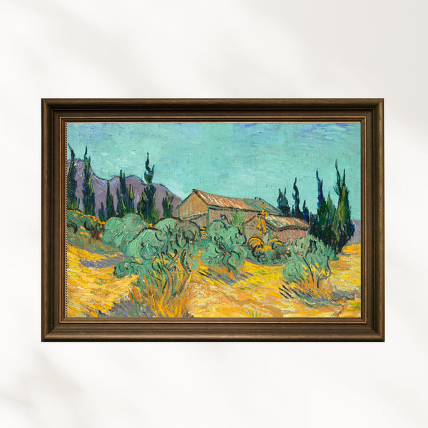 Vincent van Gogh - Zeytin ve Servi Ağaçları Arasında Ahşap Kulübeler fine art baskı