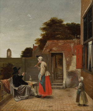 Pieter de Hooch - Avluda Sigara İçen Bir Adam ve İçki İçen Bir Kadın tablo