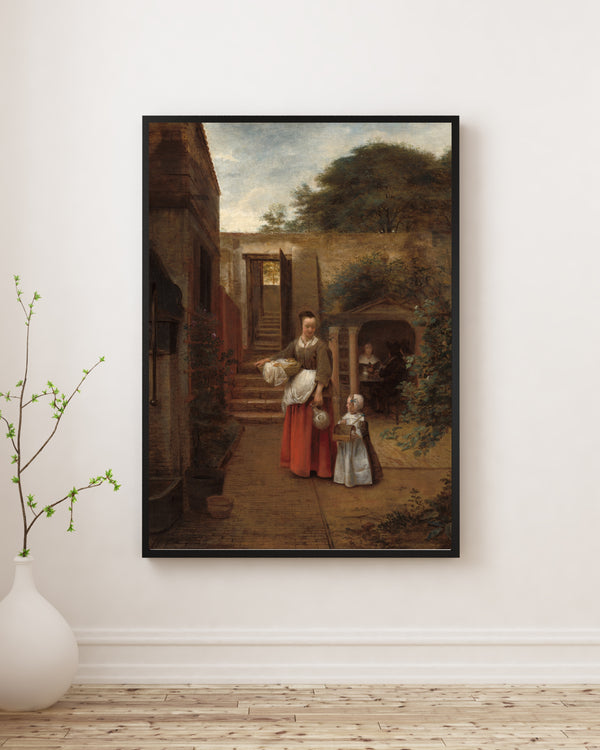 Pieter de Hooch - Avluda Kadın ve Çocuk Poster