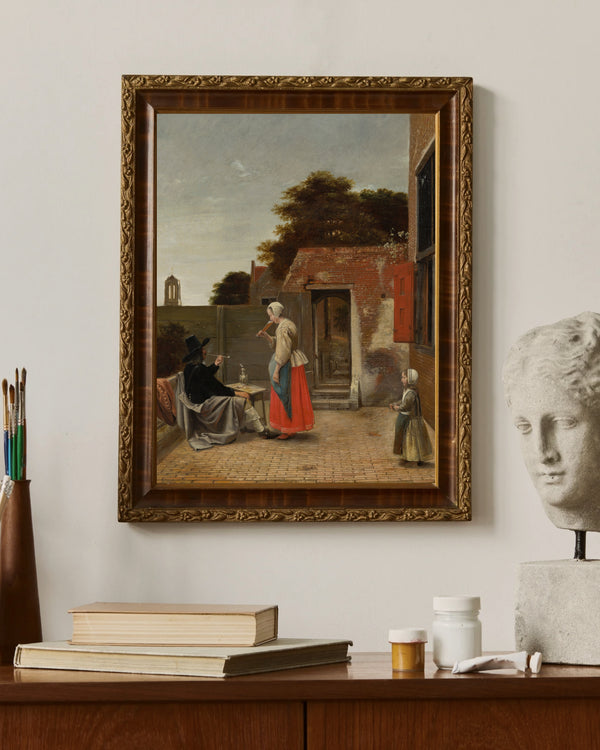 Pieter de Hooch - Avluda Sigara İçen Bir Adam ve İçki İçen Bir Kadın çerçeve