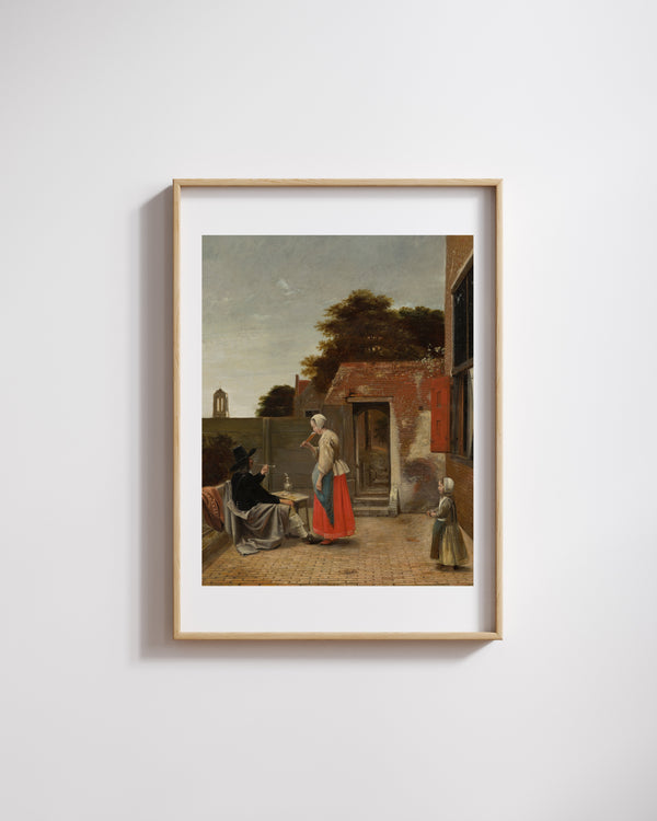 Pieter de Hooch - Avluda Sigara İçen Bir Adam ve İçki İçen Bir Kadın fine art baskı
