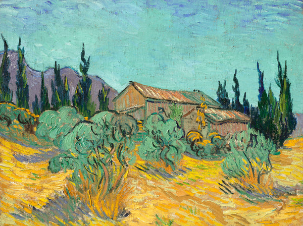 Vincent van Gogh - Zeytin ve Servi Ağaçları Arasında Ahşap Kulübeler fine art baskı