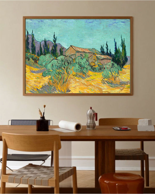 Vincent van Gogh - Zeytin ve Servi Ağaçları Arasında Ahşap Kulübeler fine art baskı