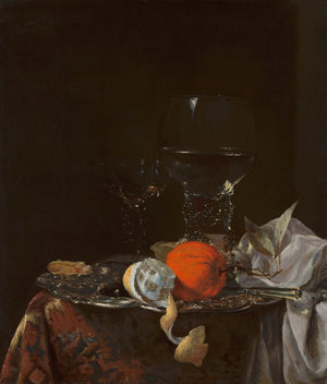 Willem Kalf - Gümüş Tabak Üzerinde Meyve ve Şarap Kadehleri ile Natürmort fine art baskı