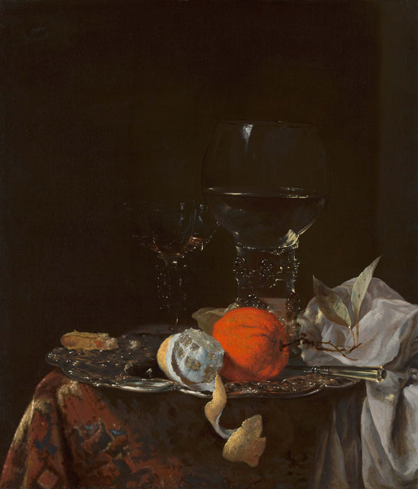Willem Kalf - Gümüş Tabak Üzerinde Meyve ve Şarap Kadehleri ile Natürmort fine art baskı
