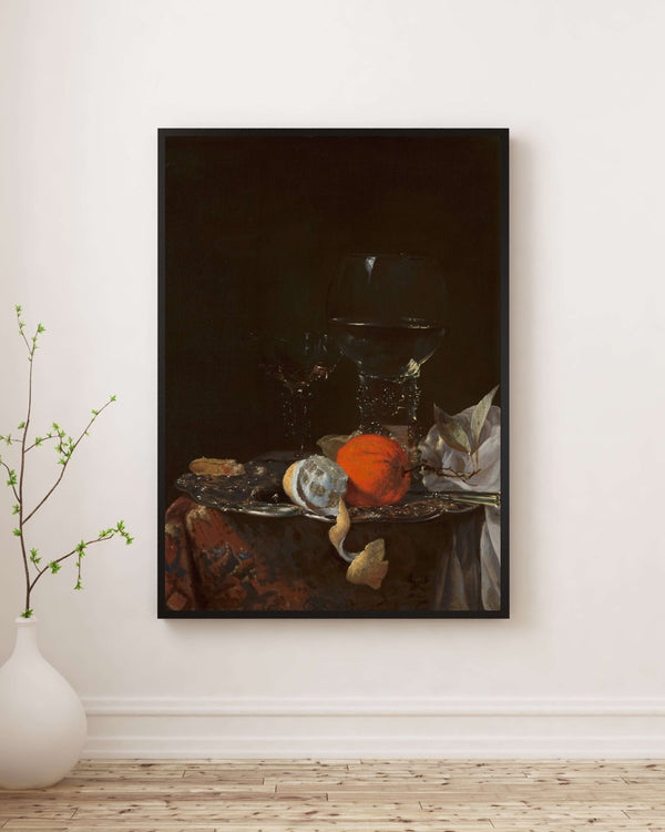 Willem Kalf - Gümüş Tabak Üzerinde Meyve ve Şarap Kadehleri ile Natürmort fine art baskı