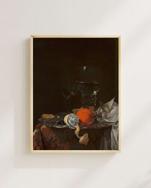 Willem Kalf - Gümüş Tabak Üzerinde Meyve ve Şarap Kadehleri ile Natürmort fine art baskı