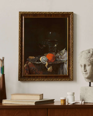 Willem Kalf - Gümüş Tabak Üzerinde Meyve ve Şarap Kadehleri ile Natürmort fine art baskı