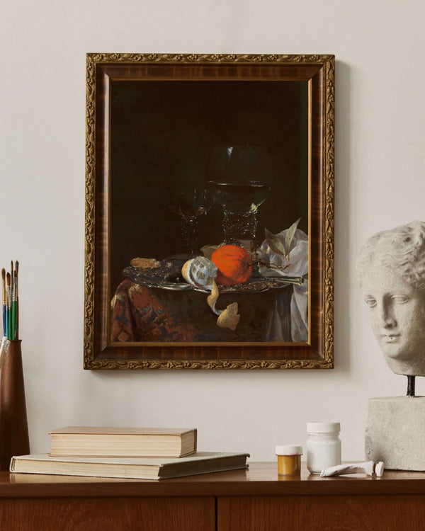 Willem Kalf - Gümüş Tabak Üzerinde Meyve ve Şarap Kadehleri ile Natürmort fine art baskı