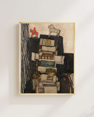 Egon Schiele - Kitaplarla Natürmort Fine Art Baskı