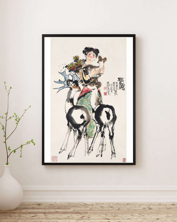 Çiçekler ve Geyiklerle Kız fine art baskı