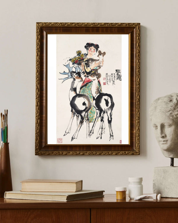 Çiçekler ve Geyiklerle Kız fine art baskı